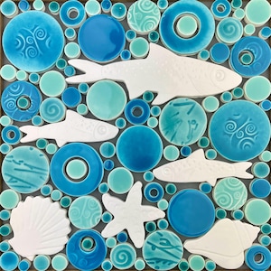 Fish & Shells Mosaic, White (Turquoise/Aqua blend Background), Handmade Ceramic Tile Mosaic, Ready to Install