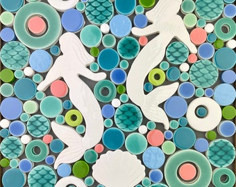 Mermaids Mosaic - Handmade Ceramic Tile Mosaic, Ready to Install 12”x12”
