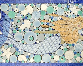 Mermaid Mosaic, Large - Blue & Blonde, Handmade Ceramic Tile Mosaic, Ready to Install