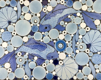 Blue Koi Fish Mosaic, Blue and White, Handmade Ceramic Tile Mosaic, Ready to Install