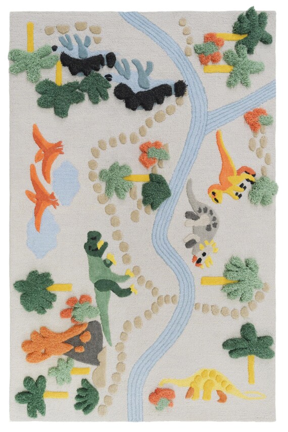 Hand-Tufted Wool Dinosaur Kids Rug – Colorful Handcrafted Playroom/ Nursery Floor Carpet