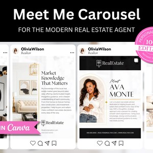 May include: A digital marketing template for real estate agents, featuring a carousel design with the text "Meet Me Carousel" and "For The Modern Real Estate Agent." The design includes editable elements and a photo of a realtor.