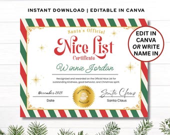 Editable Santa Nice List Certificate, Printable Nice List Certificate, Christmas Certificate For Kids, Elf Nice List, Letter From Santa