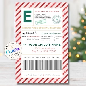 May include: A festive Christmas-themed package label with red and white diagonal stripes. The label includes text such as "North Pole Special Delivery" and "To: Your Child's Name." It features a barcode and a Santa Claus seal.