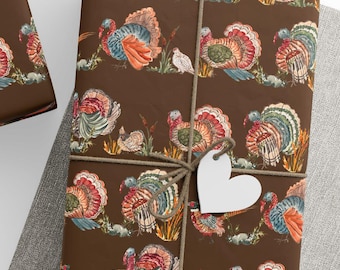 May include: Brown wrapping paper featuring a repeating pattern of colorful turkeys with orange, blue, and green plumage. The paper is tied with twine and includes white star and heart-shaped gift tags, a ball of white yarn, and metal scissors.