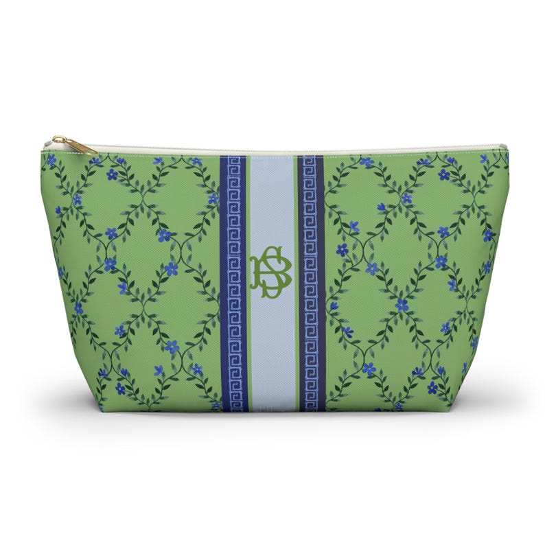 Monogrammed Mahjong Tile Bag: Blue Floral Vines Chinoiserie Travel Pouch, Small and Large image 1