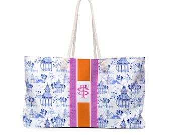 Monogrammed Chinoiserie Mahjong Tote Bag: Blue Pagoda Personalized Mahjong Gift, Maj Carry-All Travel Duffel