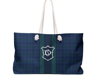 Monogrammed Blue Tartan Plaid Chinoiserie Mahjong Tote Bag, Personalized Mahjong Gift, Maj Carry-All Travel Duffel