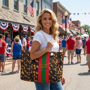 Monogrammed Tortoise Shell Mahjong Tote Bag:  Green and Red Stripe, Personalized Travel Duffle