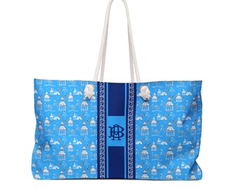 Monogrammed Blue Pagoda Chinoiserie Mahjong Tote Bag, Personalized Mahjong Gift, Maj Carry-All Travel Duffel