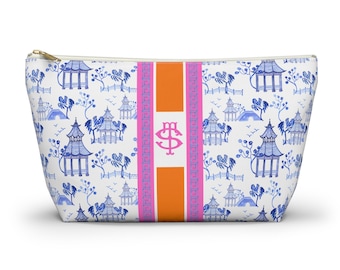 Monogrammed Mahjong Tile Bag: Chinoiserie Travel Pouch, Blue Pagoda, Orange, Small and Large