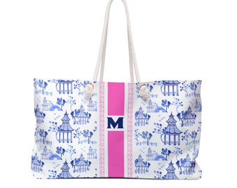 Monogrammed Chinoiserie Mahjong Tote Bag: Blue and Pink, Personalized Mahjong Gift, Maj Carry-All Travel Duffel