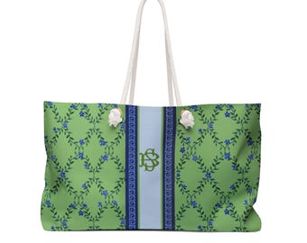 Monogrammed Blue Floral Vines Chinoiserie Mahjong Tote Bag, Personalized Mahjong Gift, Maj Carry-All Travel Duffel