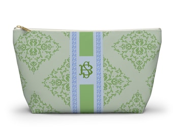 Monogrammed Mahjong Tile Bag: Blue Green Watercolor Chinoiserie Travel Pouch, Small and Large