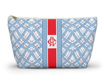 Monogrammed Light Blue and Red Mahjong Tile Bag: Chinoiserie Travel Pouch, Small and Large