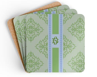 Monogramed Corkwood Green Vines Coasters, Chinoiserie Set of 4, Personalized Gift