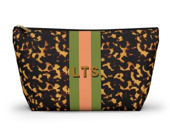 Monogram Tortoise Shell MAHJONG Tile or Dice Bag, Large Fits a Full Set of Tiles, Green with Peach Stripe