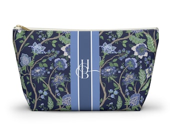 Monogrammed Blue Floral Mahjong Tile Bag: Chinoiserie Cosmetic Pouch, Preppy Travel Gift, Small and Large