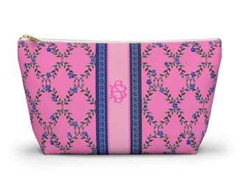 Monogrammed Mahjong Tile Bag: Pink Floral Vines Chinoiserie Travel Pouch, Small and Large