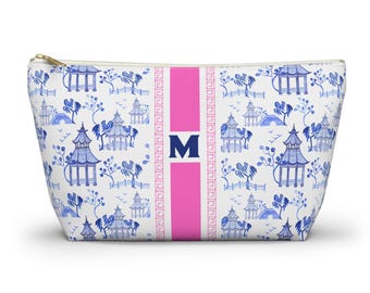 Monogrammed Mahjong Tile Bag: Chinoiserie Travel Pouch, Blue Pagoda, Small and Large