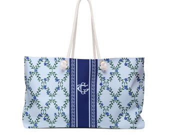 Monogrammed Blue Floral Vines Chinoiserie Mahjong Tote Bag, Personalized Mahjong Gift, Maj Carry-All Travel Duffel