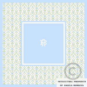 Puede incluir: Un diseño cuadrado con fondo azul claro y borde blanco. El centro presenta un cuadrado azul claro con un monograma blanco. El borde exterior tiene un patrón repetitivo de lazos y enredaderas verdes y azules. El texto "INTELLECTUAL PROPERTY OF ANGELA BURGESS" está en la parte inferior.