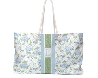 Monogrammed Blue Hydrangea Mahjong Tote Bag:  Personalized Travel Duffel