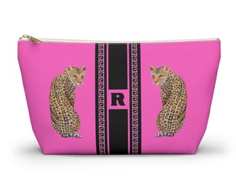 Monogrammed Mahjong Tile Bag: Pink Leopard Chinoiserie Travel Pouch, Small and Large