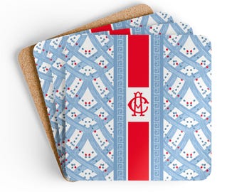 Monogramed Corkwood Light Blue Coasters, Chinoiserie Set of 4, Personalized Gift