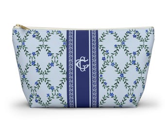 Monogrammed Mahjong Tile Bag: Blue Floral Vines Chinoiserie Travel Pouch, Small and Large