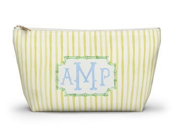 Sac de tuile de mahjong à rayures jaunes et monogramme : pochette de voyage preppy, petite et grande