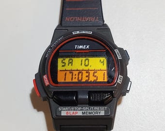 Timex Triathlon 8-Lap Digital Watch vintage 1992 (485-A) with yellow/orange colour filter mod