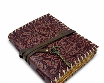 Leren dagboek met bloemen: handgemaakt vintage notitieboek | Sleutelsluitingsdagboek
