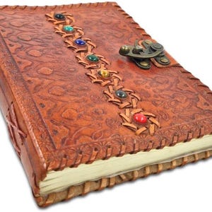 Vintage Leather Journal with Chakra Stones – Handmade Cotton Paper Diary