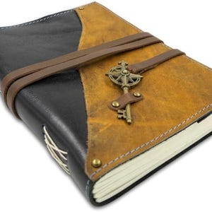 Makoraa  Leather Bound Vintage Travel Journal Black and Brown, Handmade 6x8 Notebook with Compass Key Charm, Wrap Around Closure Diary