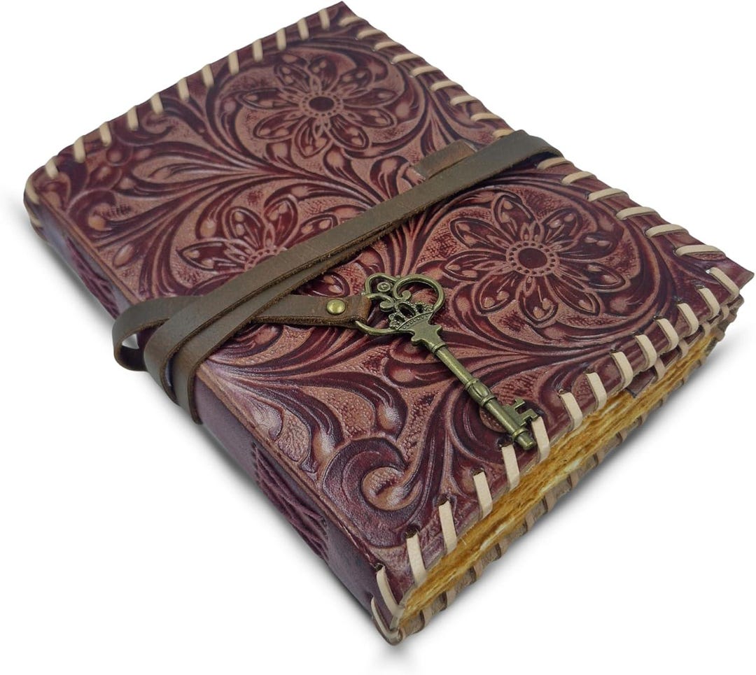 Handtooled Leather Journal – Floral Embossed Vintage Notebook With Key ...