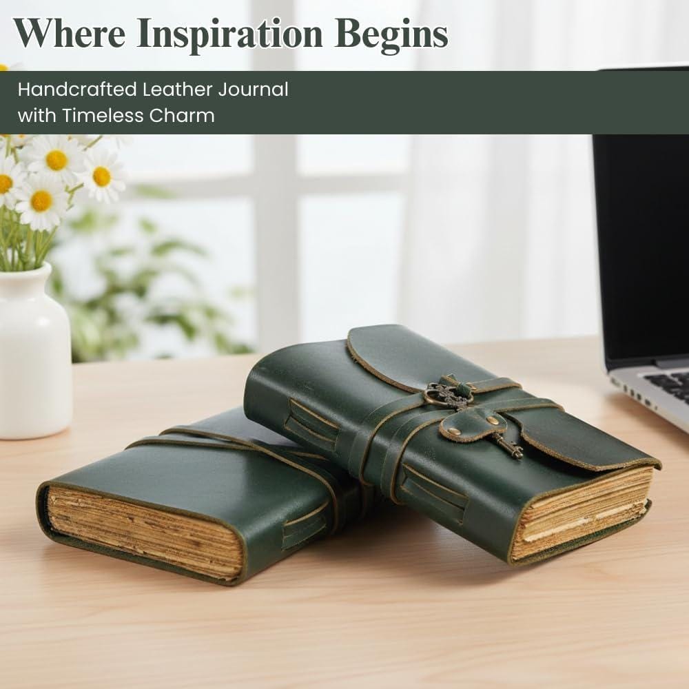 Handmade Green Leather Journal With Key, Vintage Diary, 125 GSM Cotton ...