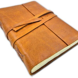 Tan Leather Bound Journal, Handmade Recycled Cotton Paper Notebook