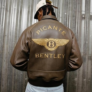 Brown Leather Bomber Jacket with Picante Bentley Embroidered Back Premium Handmade Wing Logo Jacket | Vintage Style Men’s Leather Outerwear