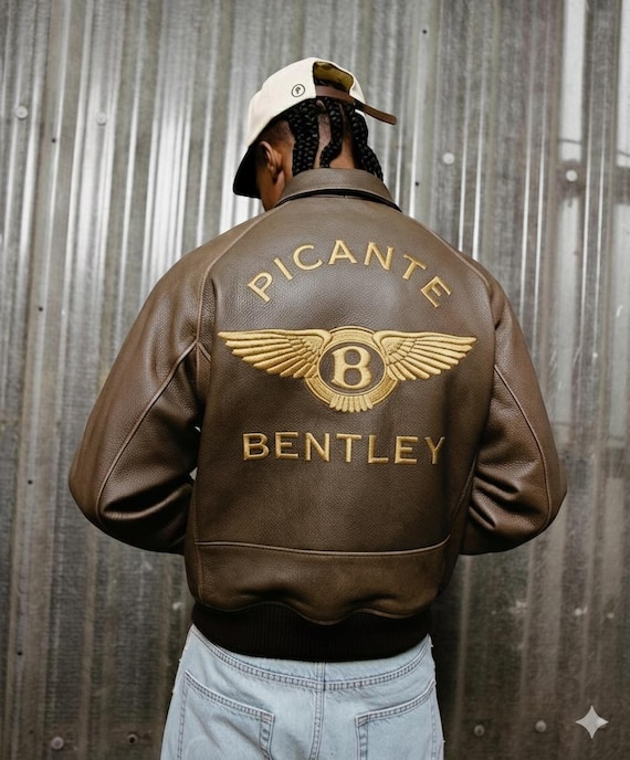 Brown Leather Bomber Jacket with Picante Bentley Embroidered Back Premium Handmade Wing Logo Jacket | Vintage Style Men’s Leather Outerwear