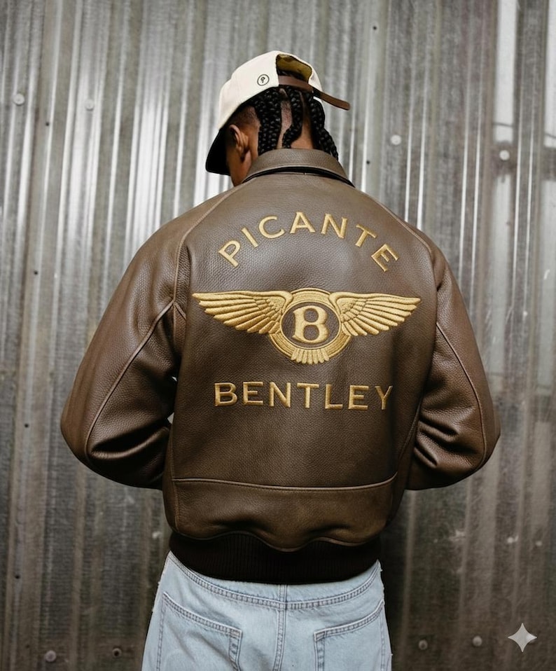 Chaqueta bomber de cuero marrón con el logo de Bentley bordado en la espalda, hecha a mano | Chaqueta de cuero vintage para hombre imagen 1