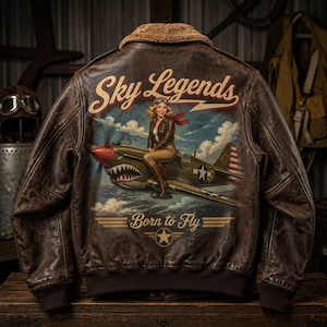 Könnte beinhalten: Eine braune Leder-Bomberjacke mit beigem Lammfellkragen. Auf der Rückseite befindet sich eine Grafik einer Person auf einem alten Kampfflugzeug mit dem Text Sky Legends und Born to Fly. Die Jacke hat gerippte Bündchen und einen dunkelbraunen Saum.