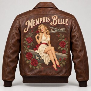 Memphis Belle WWII B-17 A-2 Genuine Leather Bomber Jacket Custom Made, Personalized Pilot Name Patch, Vintage Nose Art Coat