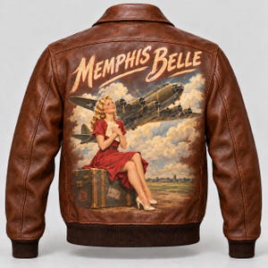 Memphis Belle WWII B-17 A-2 Genuine Leather Bomber Jacket Custom Made, Personalized Pilot Name Patch, Vintage Nose Art Coat