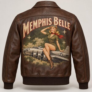 Memphis Belle WWII B-17 A-2 Genuine Leather Bomber Jacket Custom Made, Personalized Pilot Name Patch, Vintage Nose Art Coat