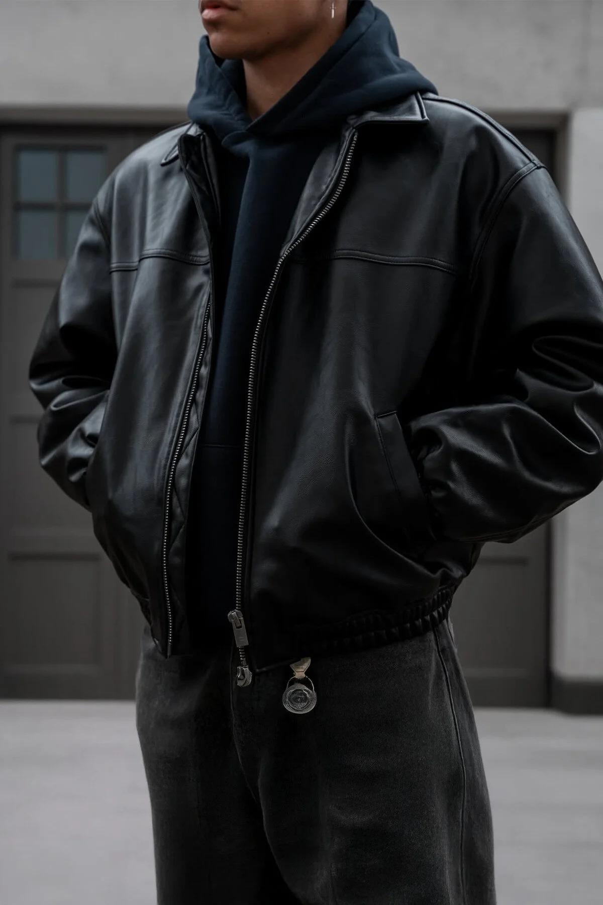 Handmade Vintage Black Leather Bomber Jacket for Mens 90s Retro