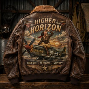 Könnte beinhalten: Eine braune Leder-Bomberjacke mit Kunstfellkragen. Auf der Rückseite befindet sich eine Grafik einer Person auf einem Oldtimer-Flugzeug mit dem Text "the HIGHER than HORIZON", "Lucky Lady", "B6", "473047" und "COURAGE FREEDOM VICTORY".