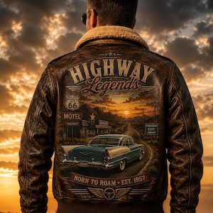 Könnte beinhalten: Eine braune Lederjacke in Used-Optik mit cremefarbenem Lammfellkragen. Auf der Rückseite befindet sich ein Grafikdruck eines blauen Oldtimers auf einer Wüstenstraße, ein Route 66-Schild sowie der Text Highway Legends, Born to Roam, Est. 1957.
