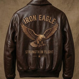 Könnte beinhalten: Eine dunkelbraune Leder-Bomberjacke mit einer großen gestickten Adlergrafik auf der Rückseite. Über dem Adler steht der Text IRON EAGLE und darunter der Text STRENGTH IN FLIGHT mit einem kleinen Stern, der zwischen zwei horizontalen Linien zentriert ist.