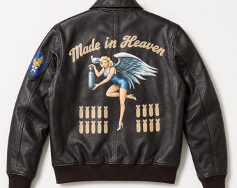Chaqueta bomber de cuero personalizable, chaqueta de vuelo Pin Up Angel con arte en la nariz, abrigo de piloto A2 personalizado, regalo de aviación vintage